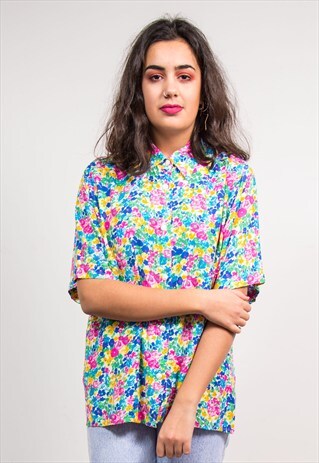 90'S VINTAGE MULTICOLOUR FLORAL PATTERN SHIRT BLOUSE