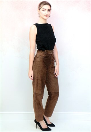 1980S VINTAGE BROWN REAL SUEDE HIGH WAIST TROUSERS