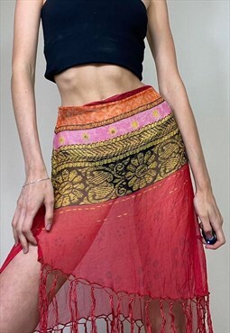 Vintage Y2K 00'S Summer Beach Mesh Graphic Sarong Skirt Red