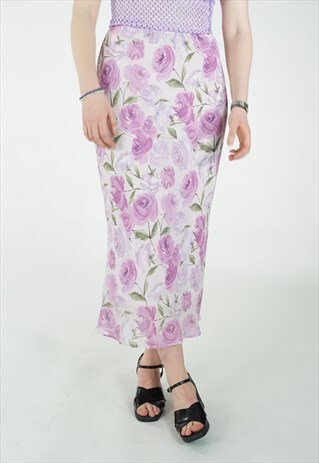 VINTAGE 90S Y2K FLORAL PURPLE PINK MIDI SKIRT