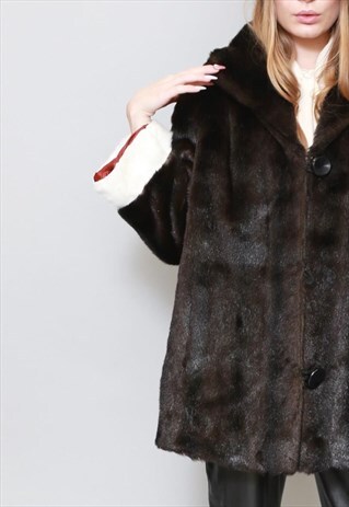 VINTAGE 1970'S CHOCOLATE BROWN WHITE TIPPED FAUX FUR COAT