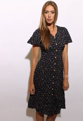 VINTAGE 1980'S 80'S FLORAL PRINT CORSET LACED DRESS M-L