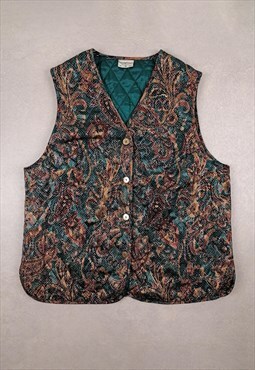 80's 90's Tapestry Pattern Vest Women Quilted Green Gold