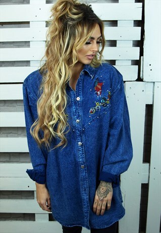 VINTAGE 80'S ACID WASH WESTERN STYLE EMBELLISHED DENIM SHIRT