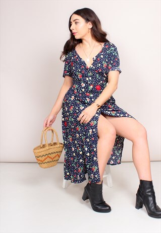 VINTAGE 90S POLKA DOT APPLE PRINT MAXI SPLIT DRESS