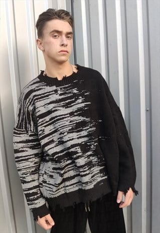 RIPPED SWEATER CONTRAST STITCH STRIPE JUMPER IN BLACK GREY