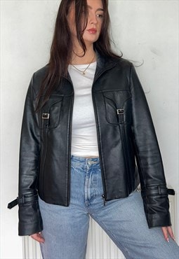 Black Leather 90s Vintage Bomber Jacket