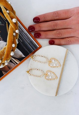 GOLD PEARL DIAMANTE TRANSPARENT HEART DROP DANGLE EARRINGS