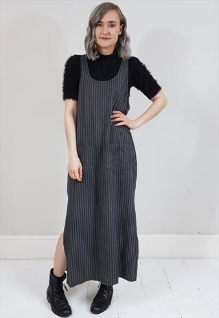 VINTAGE 90'S GREY PINSTRIPED PINAFORE DRESS W/ POCKETS