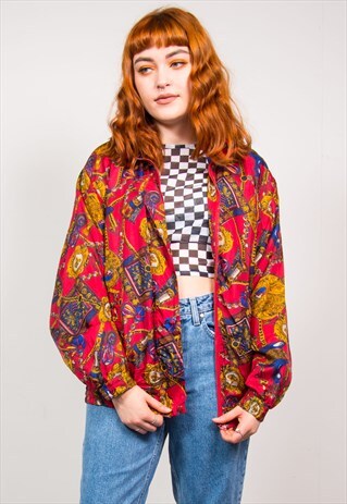VINTAGE 90'S RED BAROQUE PRINT OVERSIZED SILK BOMBER JACKET