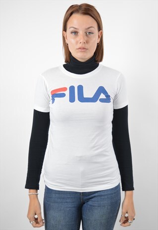 FILA WOMENS VINTAGE T-SHIRT TOP SMALL WHITE 90S