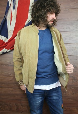 VINTAGE SUEDE LEATHER LINED BOMBER JACKET . MEDIUM , BROWN