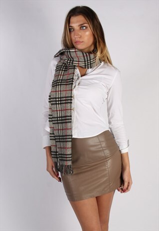 VINTAGE BURBERRY CASHMERE CHECKED SCARF LIGHT GREY