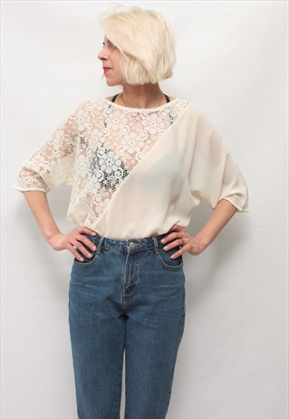 VINTAGE 80' BEAUTIFUL CUTE TRANSPARENT CREAM LIGHT BLOUSE
