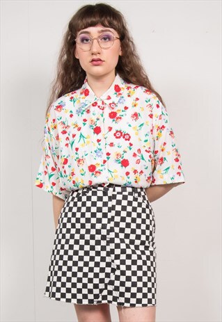 VINTAGE 90'S WHITE FLORAL SHIRT SHORT SLEEVE