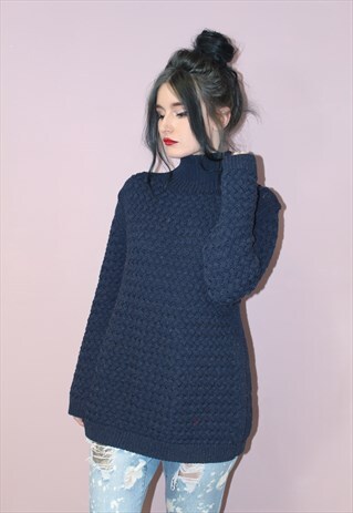 NICOLE FARHI VINTAGE TURTLE NECK NAVY SAILOR KNITTED JUMPER