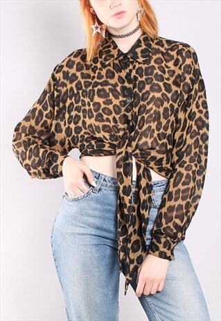VINTAGE 90S LEOPARD PRINT SHEER TIE UP CROPPED BLOUSE