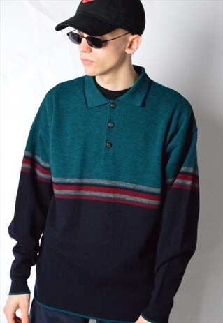 VINTAGE 90S NAVY BLUE STRIPED 1/3 BUTTON WOOL BLEND JUMPER