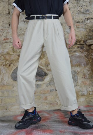 VINTAGE BEIGE STRAIGHT CLASSIC COTTON SUIT TROUSERS