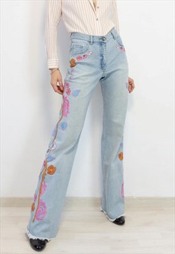 y2k elastic jeans with unique flower embroidery