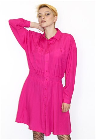 VINTAGE 80S BRIGHT PINK COLLARED PARTY OVERSIZED SHIRT DRESS