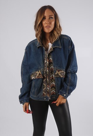 VINTAGE DENIM JACKET OVERSIZED PATTERNED UK 14 LARGE (82P)