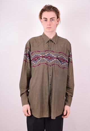 MENS VINTAGE AZTEC SHIRT XL KHAKI 90S