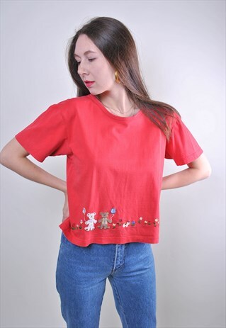 BEAR EMBROIDERY RED WOMAN VINTAGE CUTE TSHIRT