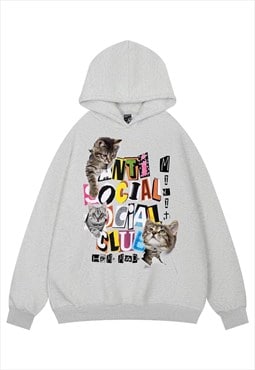 Anti social hoodie psychedelic pullover kitty top in grey 