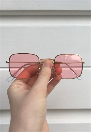 WOMENS VINTAGE JOHN LENNON STYLE PINK RECTANGLE SUNGLASSES
