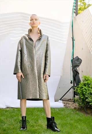 METTALIC WOOL COAT, FUTURISTIC TRENCH COAT, OVERSIZED COAT