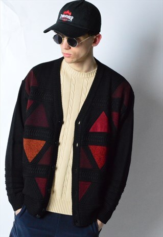 VINTAGE 90S BLACK COLOUR BLOCK WOOL KNIT CARDIGAN