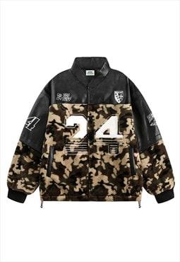 Camo fleece bomber military puffer contrast stitching coat