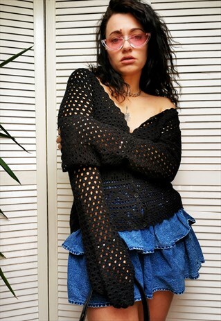 VINTAGE 90S BLACK SHEER CROCHET BUTTON DOWN CARDIGAN TOP