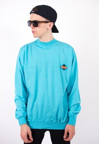 VINTAGE 90S BLUE EMBROIDERED PATCH SWEATSHIRT JUMPER