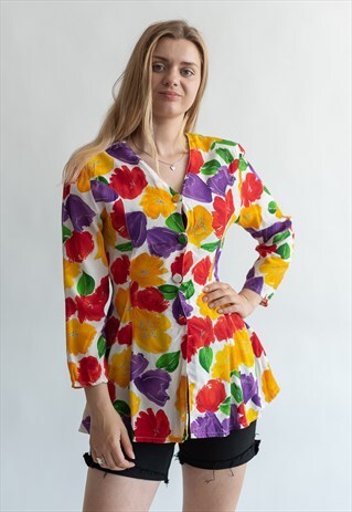 VINTAGE 80S FITTED WAIST FLORAL BLOUSE WITH PEPLUM BOTTOMS