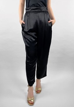 80's High Waisted Satin ladies Black Vintage Trousers 