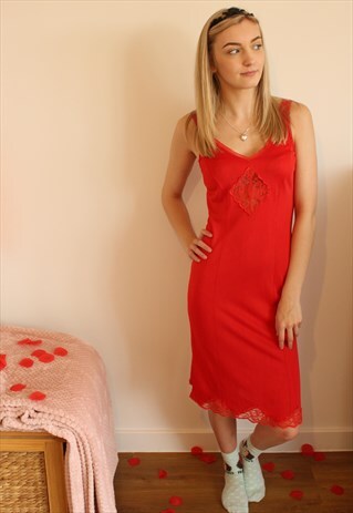 VINTAGE NIGHTDRESS RED FLORAL LACE NIGHTIE SLIP CAMI DRESS