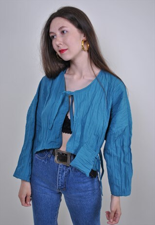 VINTAGE RUFFLED BLUE BLOUSE, 90S LACE LONG SLEEVE TOP