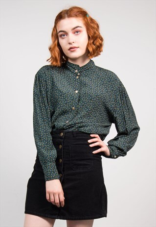 VINTAGE 80'S GREEN FLORAL PATTERN BLOUSE