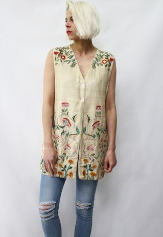 VINTAGE 80' CUTE BEAUTIFUL LINEN FOLK FLOWER BEIGE VEST