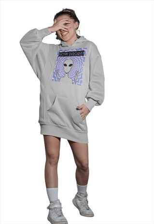 LONG GREY HOODIE DRESS WITH TRIPPY HOW HIGH ALIEN DESIGN
