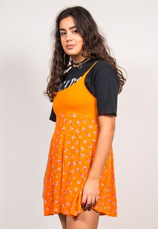 VINTAGE 90'S ORANGE FLORAL STRAPPY MINI DRESS