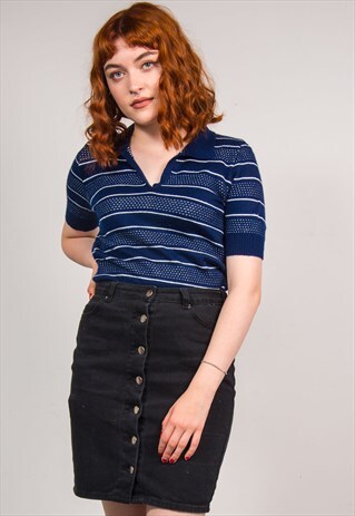 70'S VINTAGE CUTE BLUE STRIPED KNIT COLLARED TOP