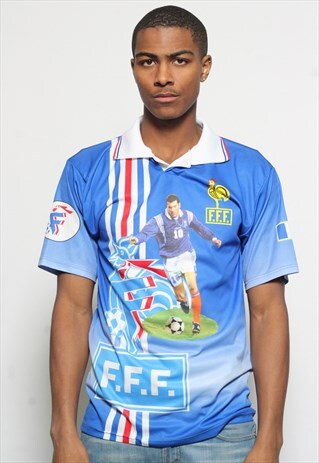 VINTAGE ZIDANE PRINT FRANCE FOOTBALL PRINT T-SHIRT BLUE