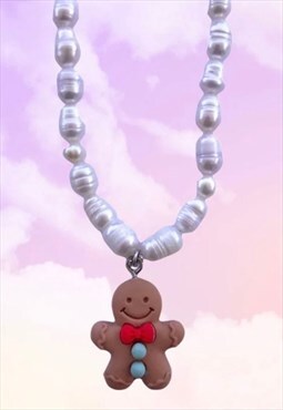 XMAS Gingerbread Cookie Freshwater Pearl Beaded Necklace