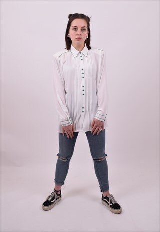 VINTAGE 80'S WHITE GREEN TRIM OVERSIZED SHIRT SIZE LARGE