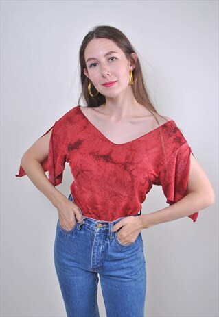 90S RED PATTERN WOMEN PARTY BLOUSE, SIZE M