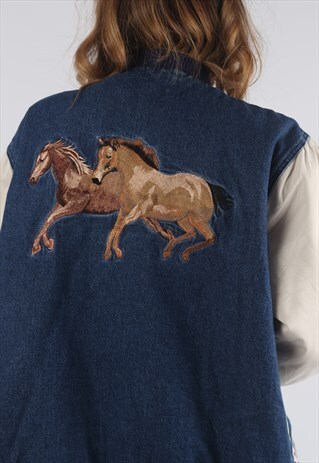 VINTAGE DENIM BOMBER JACKET OVERSIZED HORSE UK 16 (JR3B)