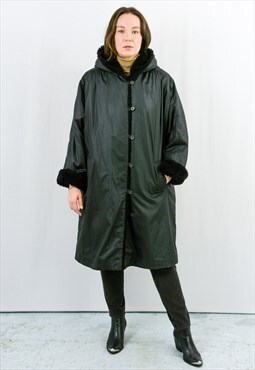Black coat vintage hooded faux fur women 3XL/4XL